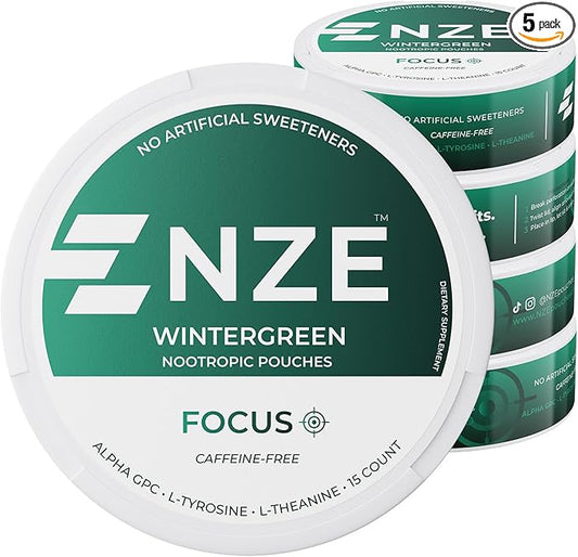 NZE Caffeine Free Nootropic Pouches (Wintergreen) - Nootropic Pouches with Alpha GPC, L-Tyrosine & L-Theanine - No Sugar or Artificial Sweeteners - 15 Nicotine Free Pouches Per Can - 5 Pack
