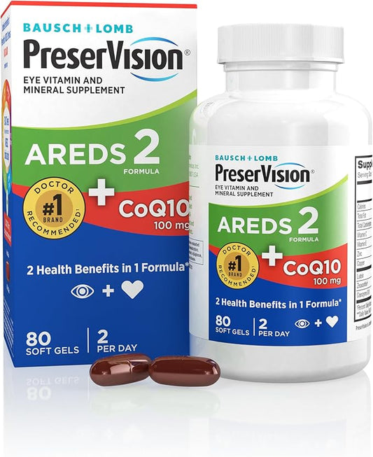 PreserVision AREDS 2 Eye Vitamins for Macular Support with CoQ10 for Heart Health, Lutein and Zeaxanthin Supplement with Vitamin C & E, Zinc, and Copper for Vision & Ocular Health, 80 Softgels