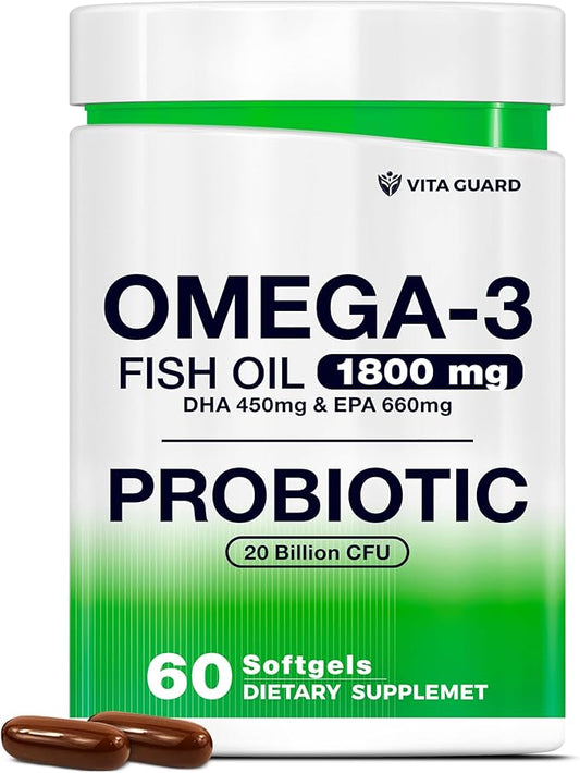 Omega-3 Fish Oil with Probiotics – 1800mg EPA & DHA for Heart, Brain & Gut Support – 20 Billion CFU, Inulin Fiber, Lemon-Flavored Burpless Softgels