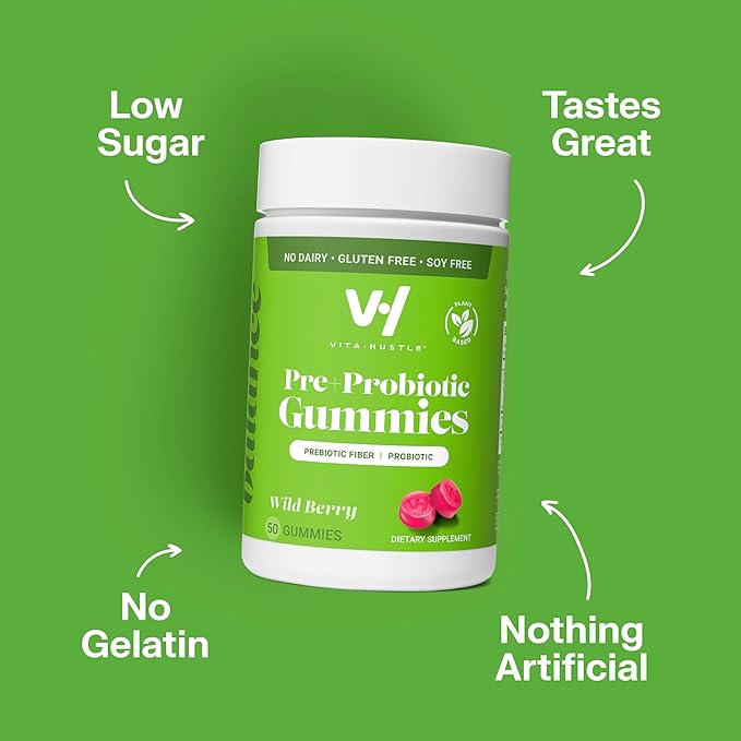 VitaHustle Pre + Probiotic Gummies, Vegan, Gut Health, Digestion, Bloating, Relief, Immune Support, Low Sugar, Plant Based, Non GMO, Berry Flavor, 50 Count