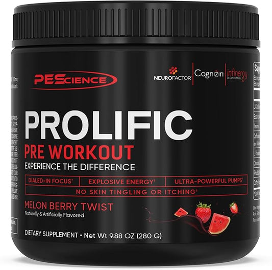 PEScience Prolific Energy Pre Workout – L Citrulline for Nitric Oxide, Rhodiola & CDP Choline Nootropic for Focus – Preworkout for Men & Women – 40 Scoops, Melon Berry Twist