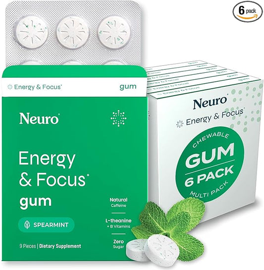 Neuro Energy Caffeine Gum (54 Pieces) - Sugar Free with L-theanine + Natural Caffeine + Vitamin B12 & B6 - Nootropic Energy & Focus Supplement for Women & Men - Keto & Vegan, Spearmint Flavor