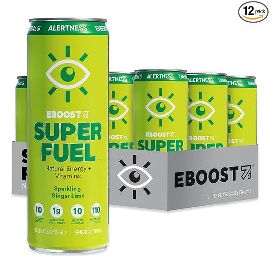 EBOOST Super Fuel Natural Energy Drink - Ginger Lime - 12 Pack x 11.5 Fl Oz - Natural Caffeine from Coffee and Green Tea - Essential Electrolytes, Nootropics, and Vitamins - Sports Preworkout Drink