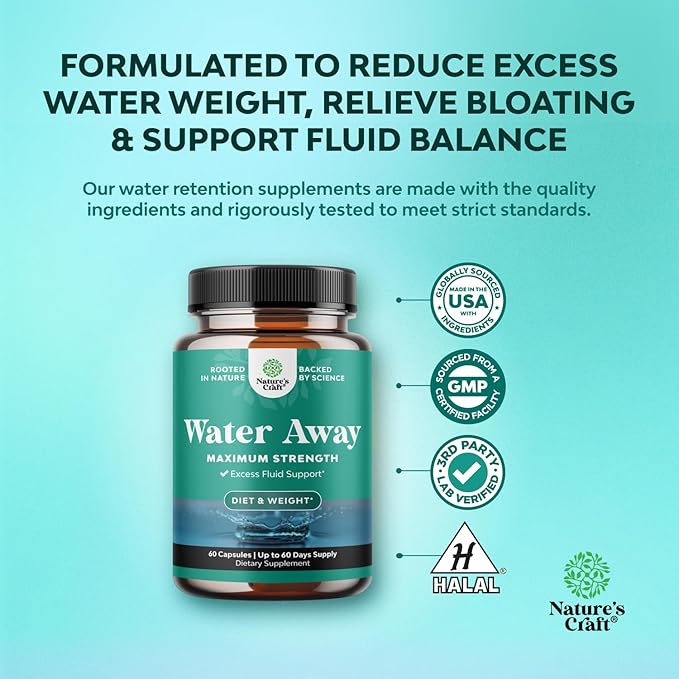 Water Away Herbal Diuretic Pills High Strength - Fluid Retention Supplement with Dandelion Leaf Extract & Green Tea for Bloating Relief for Women & Men - Capsules for Leg & Feet Swelling - 60 Count