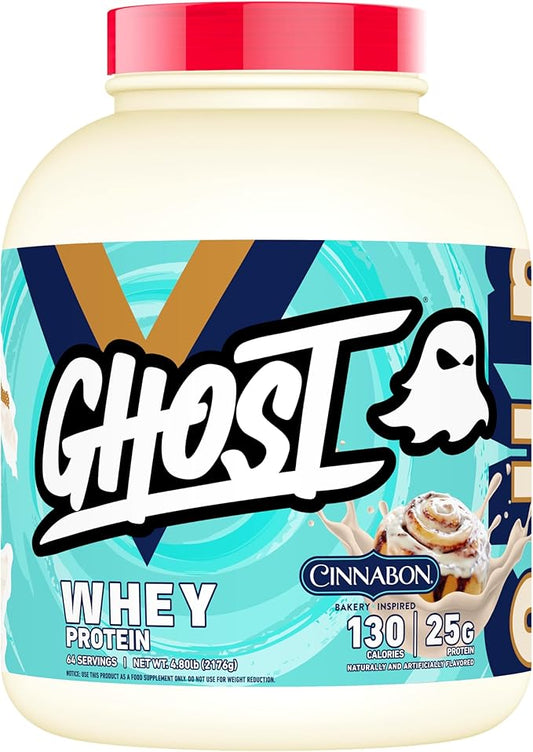 GHOST Whey Protein Powder, Cinnabon - 5LB Tub, 25G of Protein - Cinnamon Roll Flavored Isolate, Concentrate & Hydrolyzed Whey Protein Blend - Post Workout Shakes - Soy & Gluten Free