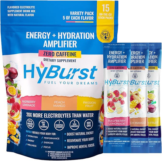 Energy + Hydration Amplifier - Multivitamin Electrolyte Powder Packets with Vitamins D3 K2 & B6 B12 | L-Theanine, Cane Sugar, Caffeine Free Energy Drink Powder | Variety Pack, 15 Pack