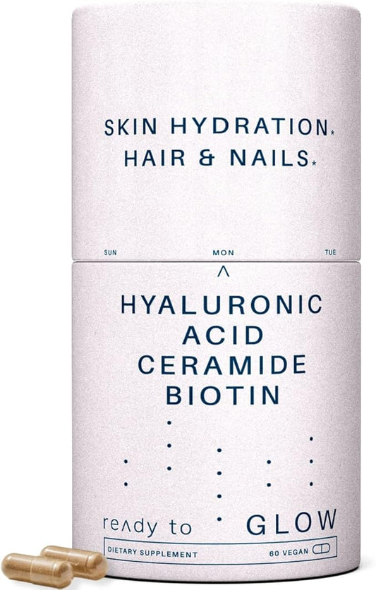 Glow Anti Aging Supplement - Hyabest® Hyaluronic Acid, Ceramide, 5000 mcg Biotin, Vitamin A, C, E, Zinc - Hair Skin Nails Vitamins for Women & Men - Wrinkles & Skin Hydration - 60 Capsules