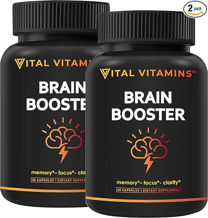 Vital Vitamins Brain Supplements for Memory and Focus (2-Pack)– Nootropic Brain Booster with Ginkgo Biloba, Rhodiola, B12 – Caffeine-Free Support for Adults & Seniors – 60-Day Supply