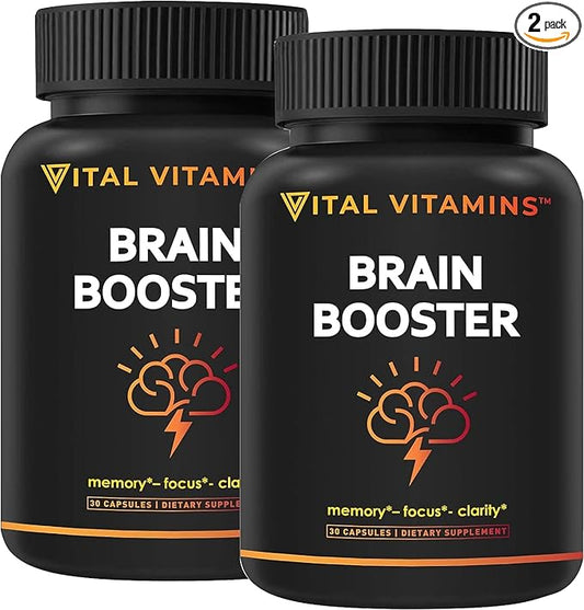 Vital Vitamins Brain Supplements for Memory and Focus (2-Pack)– Nootropic Brain Booster with Ginkgo Biloba, Rhodiola, B12 – Caffeine-Free Support for Adults & Seniors – 60-Day Supply