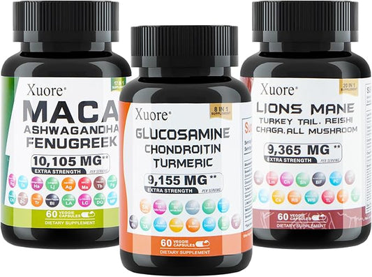Bundle of Glucosamine,Maca,Lions Mane, Black Seed Oil, Ashwagandha, Ginger & Rhodiola Rosea, Panax Ginseng, Turkey Tail, Reishi, Cordyceps, Chaga All in 1 Supplements (1 Pack)