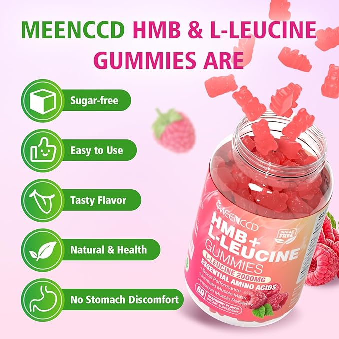 HMB and L-Leucine Gummies, 3000mg HMB and Leucine Amino Acid for Muscle Growth, Muscle Mass, Muscle Relief, and Fast Workout Recovery, for Men & Women, Sugar-Free, Raspberry Flavor, 60 Count