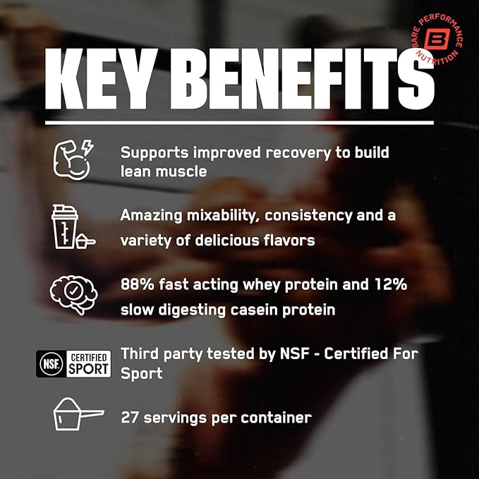 BARE PERFORMANCE NUTRITION, BPN Whey Protein + Casein Protein Powder Blend, Milk N' Cookies, 25g Protein per Serving Supports Lean Muscle Recovery, 27 Servings, Third Party Tested