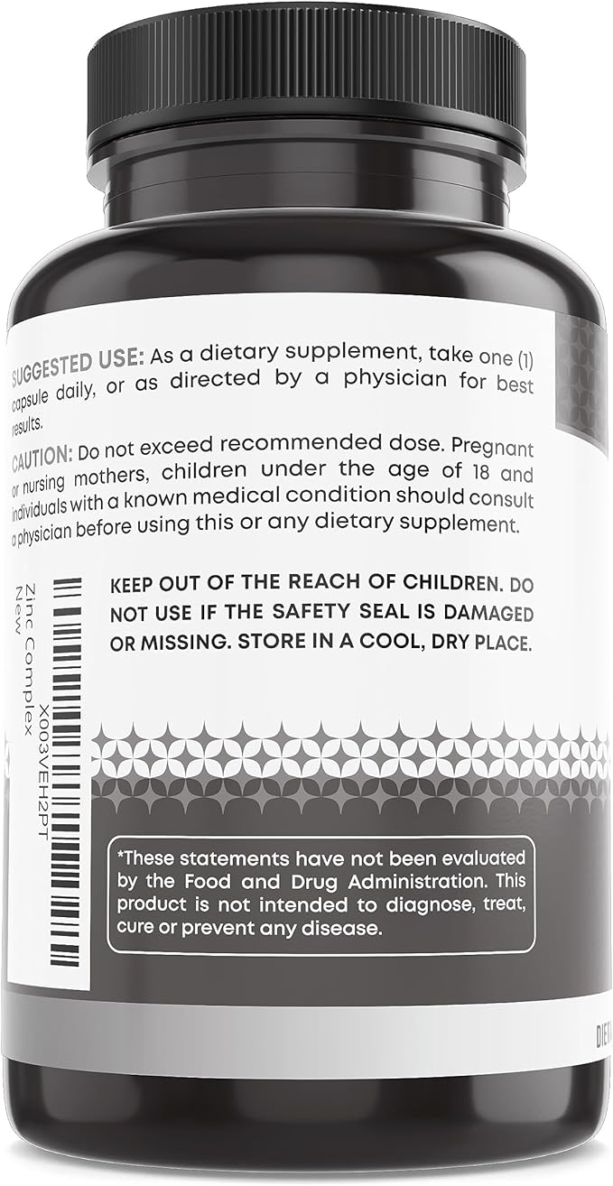 Zinc Complex Capsules with Enhanced Absorption, Antioxidant & Immune Support Supplement, Zinc Supplement for Men & Women by Ancient Bliss (60 Capsules)