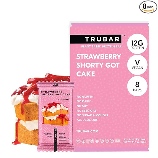 TRUBAR Vegan Protein Bar, Strawberry Shorty Got Cake, Gluten Free, Plant Based Protein, Dairy Free, Non GMO, Soy Free, No Sugar Alcohols, 12G Protein, 12G Fiber, 23G Carb, On the Go Snack Bars, 8 CT
