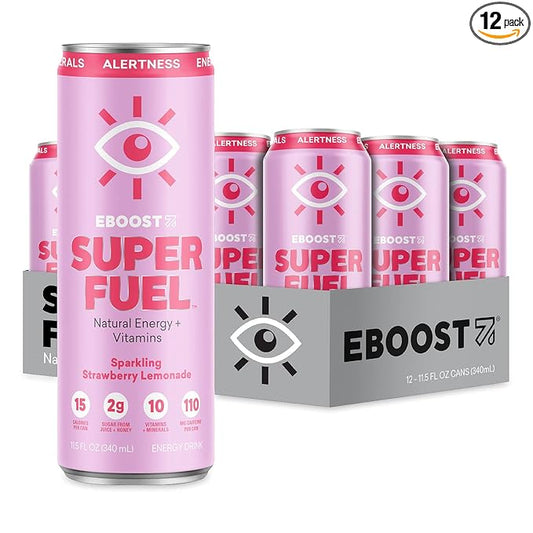 EBOOST Super Fuel Natural Energy Drink - Strawberry Lemonade - 12 Pack x 11.5 Fl Oz - Natural Caffeine from Coffee & Green Tea - Essential Electrolytes, Nootropics & Vitamins - Sports Preworkout Drink