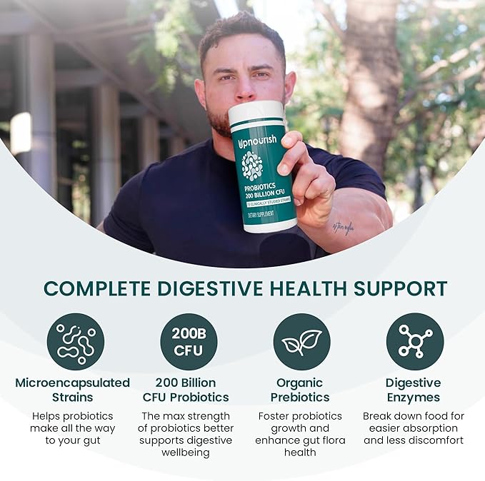 UpNourish Probiotics - 200 Billion CFUs for Men and Women, 15 Clinically Studied Strains, Prebiotics & Enzymes - 60 Vegan Capsules