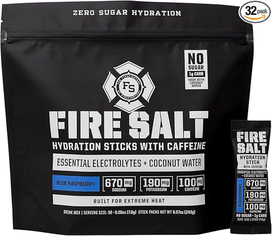 Fire Science Fire Salt Hydration Sticks, Electrolytes & Coconut Water, Hydration Drink Mix with Caffeine, Potassium & Sodium, Zero Sugar, Serve On The Go Packs, Caffeine Blue Raspberry, 32 Count