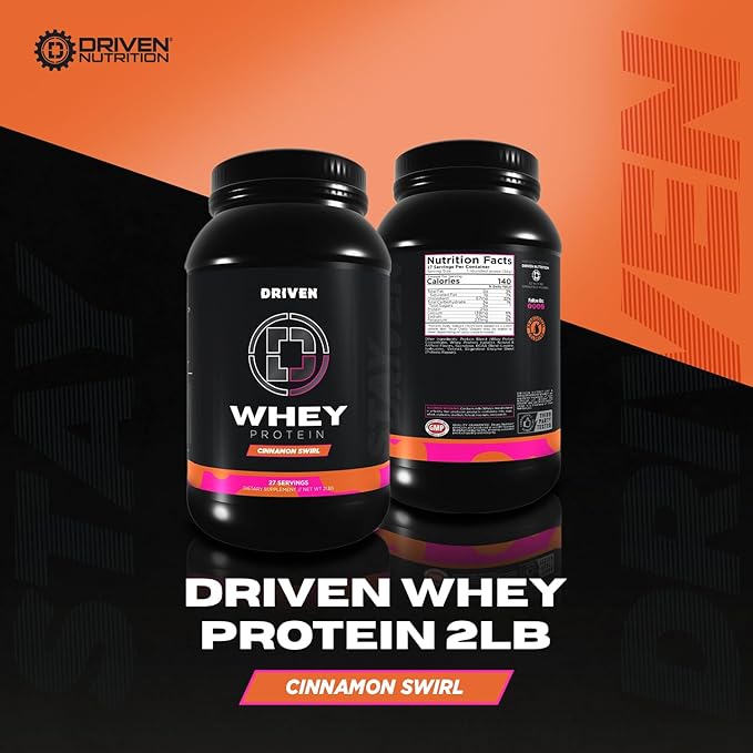 Driven WHEY- Grass Fed Whey Protein Powder: Delicious, Clean Protein Shake- Improve Muscle Recovery with 23 Grams of Protein with Added BCAA and Digestive Enzymes (2 lb, Cinnamon Roll)