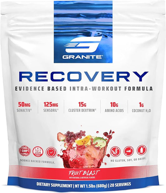 Granite Nutrition Recovery - Premium Intra-Workout Drink with EAAs, Cluster Dextrin, Sensoril & Senactiv for Athletic Performance and Lean Muscle Gains - Fruit Blast (30 Servings)
