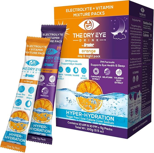 l Ultimate Hydration for Dry Eyes l Sugar-Free Electrolyte Powder Packets l Blended with Vitamins, Green Tea, Turmeric, Taurine, and DHA l 5g x 20 Packets (Orange AM/PM)