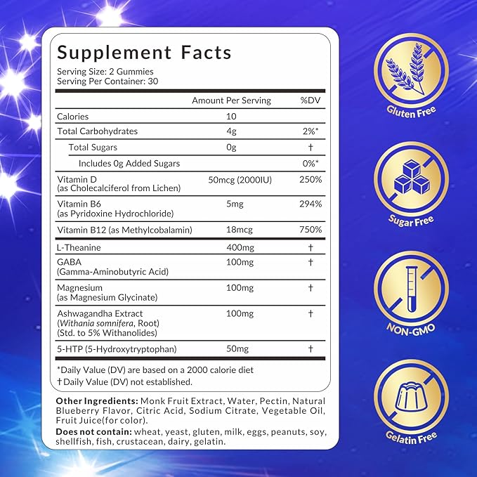 GABA L-Theanine Gummies, Sugar Free L-Theanine Supplement with 5-HTP, Ashwagandha, Magnesium, Vitamin B6, B12 - Melatonin-Free for Adults - Non-GMO, Vegan