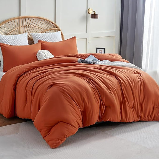 CozyLux Burnt Orange California King Comforter Set, 3 Pieces Cal King Terracotta Solid Breathable Boho Style Bedding Sets, Cozy Soft Microfiber Quilt Comforter All Season(1 Comforter & 2 Pillowcases)