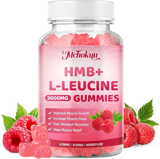 HMB and Leucine Gummies 3000mg, Leucine Amino Acid HMB Supplements for Men & Women for Muscle Growth, Muscle Relief and Workout Recovery, Sugar Free Vegan Non-GMO, Raspberry Flavor, 60 Count
