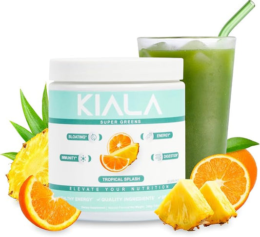 Kiala Nutrition Super Greens, Organic Greens Powder with Spirulina & Chlorella for Digestion, Gut Health, Immunity & Energy, Gluten Free, Vegan, Daily Support for Women, Tropical Splash, 30 Servings