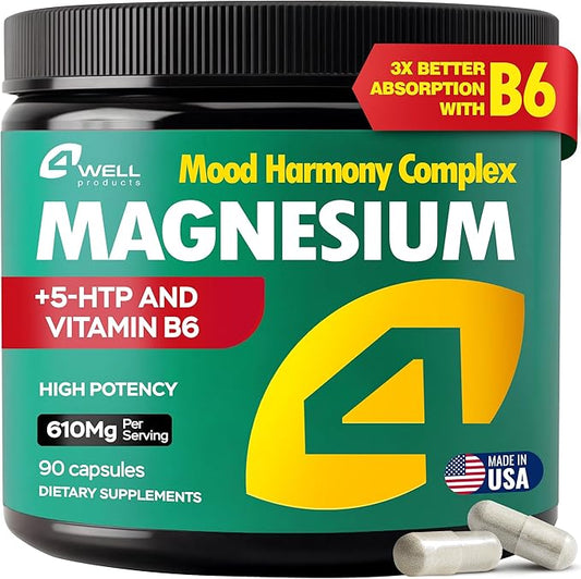 Advanced Magnesium Complex 610Mg - Magnesium Glycinate & Citrate with Vitamin B6 for 3X Absorption & 5-HTP - for Nerves, Bones, Muscles Health & Energy Support - Vegan - Non-GMO - 90 Capsules