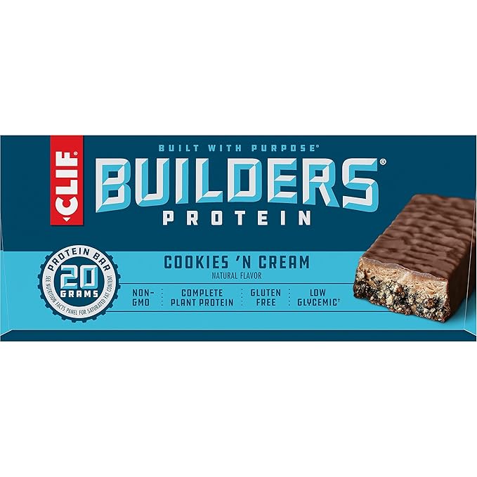 CLIF BUILDERS Protein Bars - Cookies 'n Cream Flavor - 20g Plant Based Protein - Gluten Free - Non-GMO - Low Glycemic - No Artificial Sweeteners - 2.4 oz. (12 Pack)