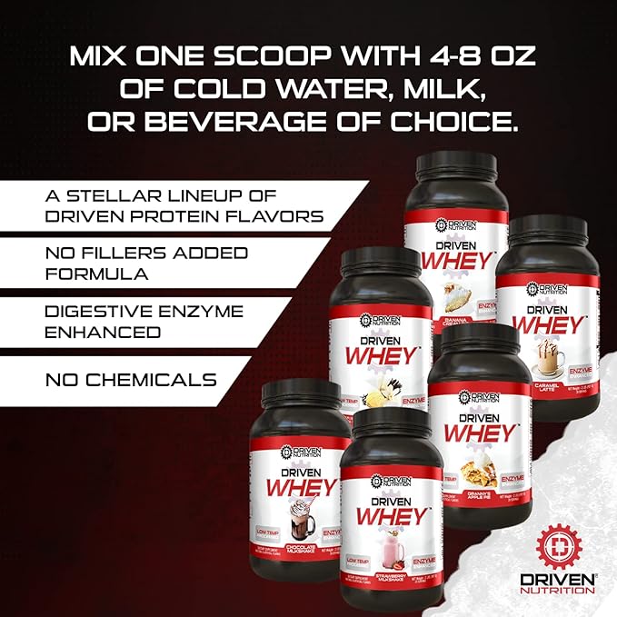 Driven WHEY- Grass Fed Whey Protein Powder: Delicious, Clean Protein Shake- Improve Muscle Recovery with 23 Grams of Protein with Added BCAA and Digestive Enzymes (2 lb, Banana Pie)