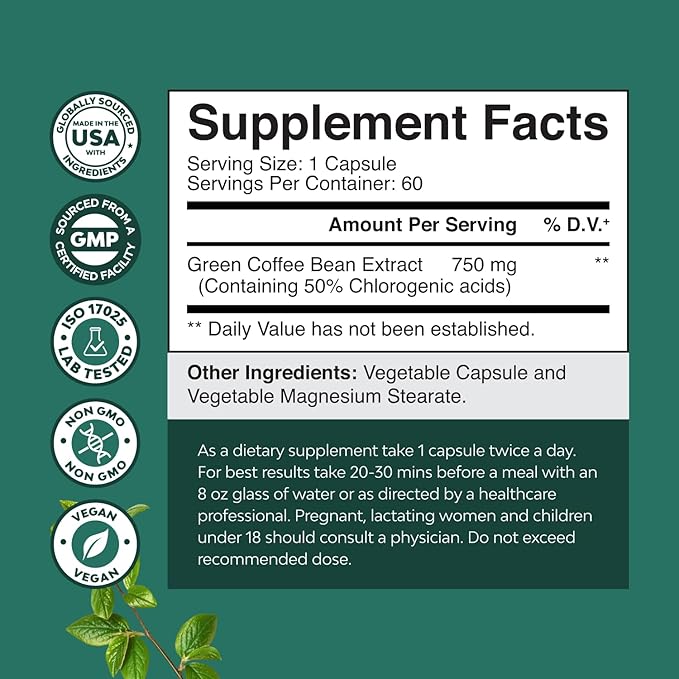 Green Coffee Bean Extract for Weight Loss - Natural Appetite Suppressant for Weight Loss for Women - Herbal Fat Burners for Women and Men for Weight Loss Support and Improved Daily Energy and Immunity