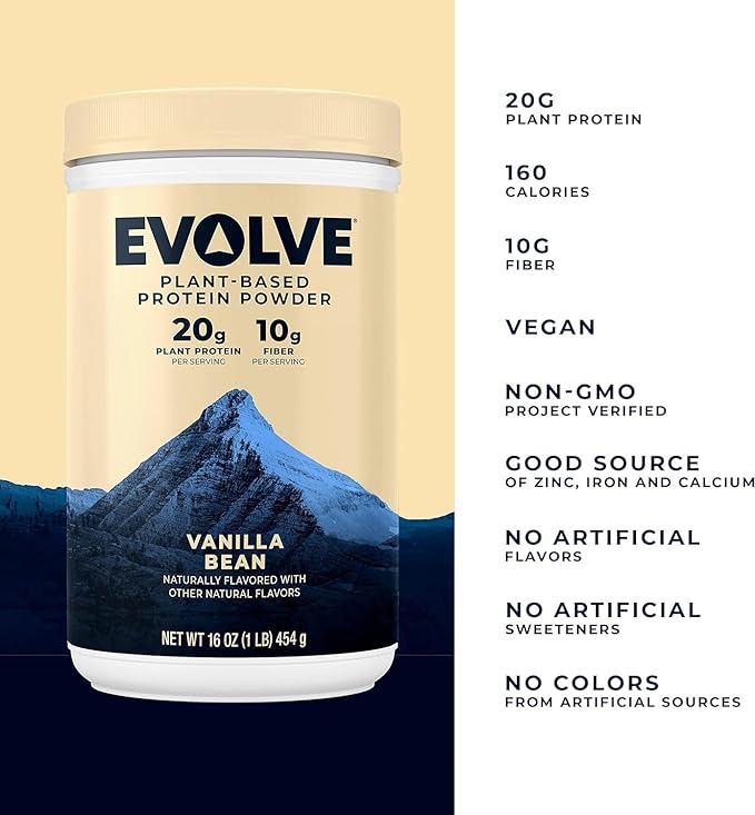Evolve Plant Based Protein Powder, Vanilla Bean, 20g Vegan Protein, Dairy Free, No Artificial Flavors, Non-GMO, 10g Fiber, Amazon Exclusive, 2 Pound (Packaging May Vary)