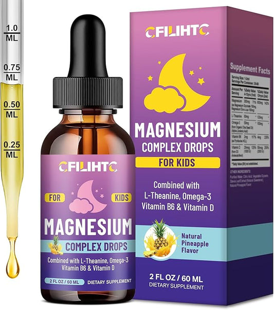 Kids Magnesium Liquid Drops-Magnesium Glycinate Liquid for Kids Supplement-w/L-theanine, Omega-3, Vitamin B6, D3 - for Sleep, Relaxation, Brain, Bones - Pineapple Flavor, 2 Fl Oz