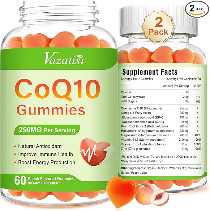 2 Pack CoQ10 Gummies, Plus Omega-3, Magnesium, Vitamin B12 for Brain & Antioxidant, 5X Better Absorption Coenzyme Q10 Supplement - 120 Cts