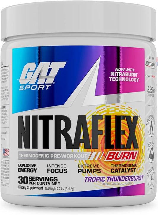 GAT SPORT NITRAFLEX Burn, Pre Workout Thermogenic Powder, Tropic Thunderburst, 30 Servings