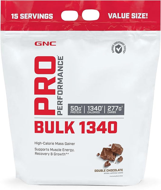 GNC Pro Performance Bulk 1340 Mass Gainer Protein Powder, 50g, Gluten Free, Whey, Creatine, BCAA, 3rd Party Tested, Muscle Recovery & Growth, Micronutrients, Double Chocolate, 15 Servings