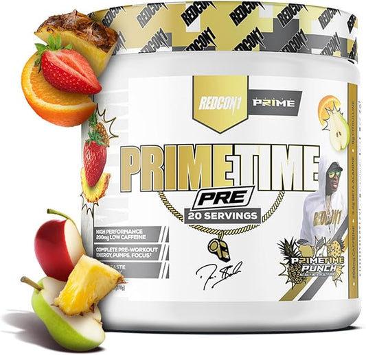 REDCON1 Low Caffeine Pre Workout Powder for Men & Women - Coach Prime Time Pre - with Beta Alanine - Prime Time Punch (20 Servings)