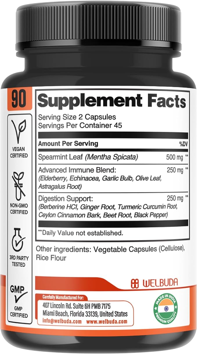 1000mg Spearmint Capsules with Elderberry, Echinacea, Berberine HCI & More - Support Digestive, Relaxation Mood, Respiratory Function & Immune System - 90 Veggie Capsules