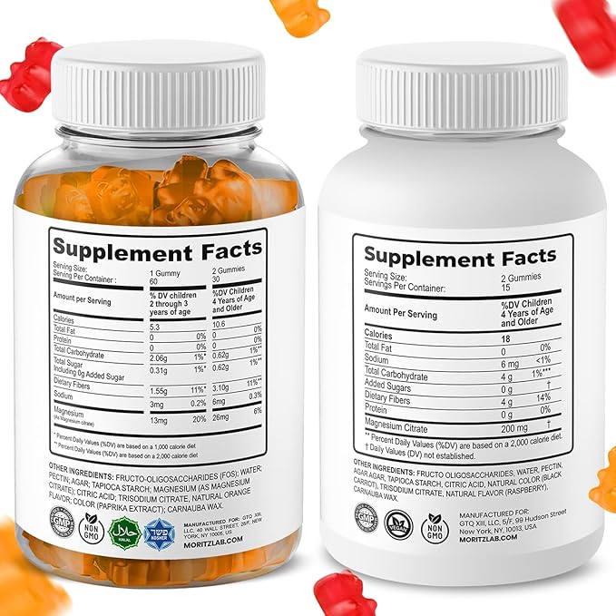 DR. MORITZ Kids Magnesium Citrate Gummies Orange Flavor (120 Count) and 200 mg Calm Magnesium Gummies for Adults in Raspberry Flavor (30 Count) - No Added Sugar & Non-GMO