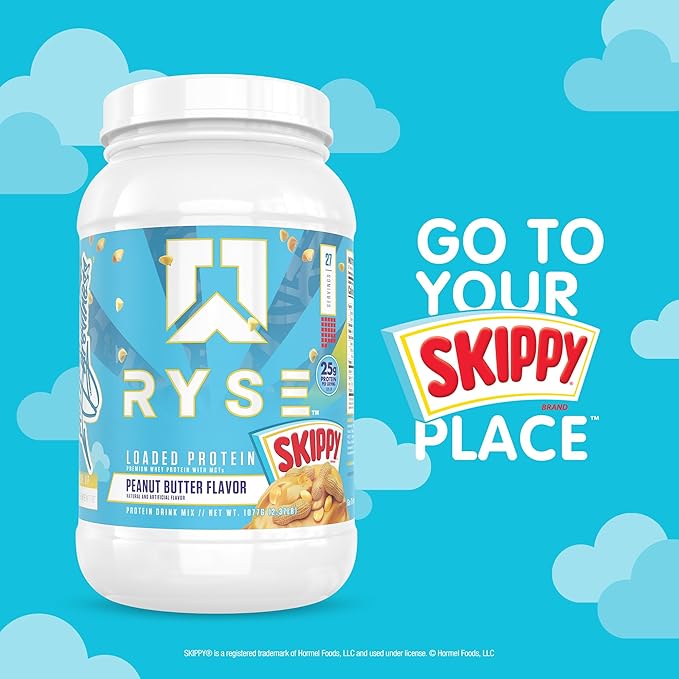 Ryse Loaded Protein Powder - Skippy Peanut Butter - 25g Whey Protein Isolate & Concentrate with Prebiotic Fiber & MCTs - Low Carb, Low Sugar, Digestive-Friendly - 27 Servings / 2 lb Tub