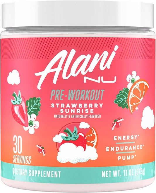 Alani Nu Pre Workout Powder Strawberry Sunrise, Amino Energy Boost, Endurance Supplement, Sugar Free, 200mg Caffeine, L-Theanine, Beta-Alanine, Citrulline, 30 Servings