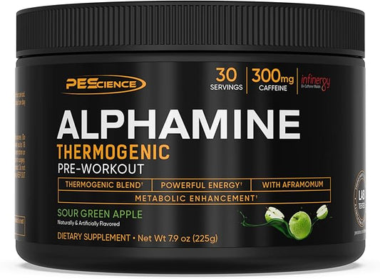 PEScience Alphamine, Sour Green Apple, 60 Scoops, Thermogenic Energy Powder with L-Carnitine