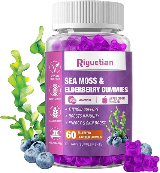 Sea Moss Gummies & Elderberry - Vitamin C + Zinc – Strength Immune & Thyroid Support Booster Gummy Bears for Kids & Adults - 60 Natural Seamoss Gummies