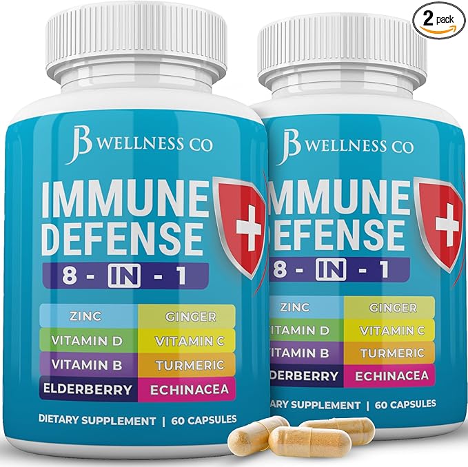 Immune Support 8 in 1 Capsules - Zinc Supplement, Vitamin D3, Vitamin C and Elderberry - Immune Booster Ginger Root, and Turmeric - [2-Pack]