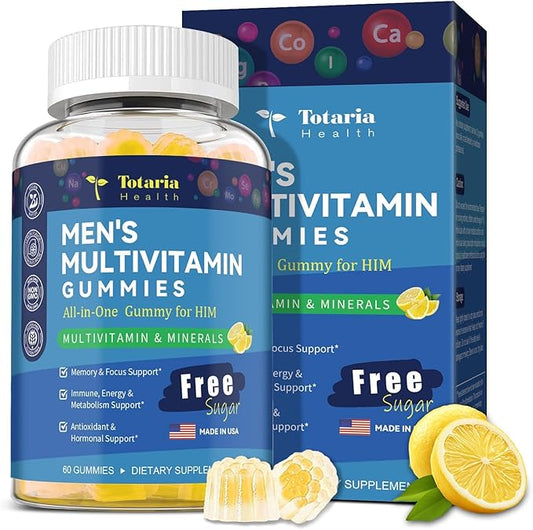 Sugar Free Men's Multivitamin Gummies w/Vegan Omega 3, Maca, Saw Palmetto, Vitamin A, B, C, E, D3, K, Zinc, Daily Methylated Multivitamins for Men, for Immunity, Energy, Lemon Flavor, 60 Counts