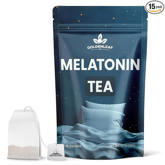 GOLDENLEAF Melatonin Sleep Tea - Caffeine-Free 3mg Melatonin Tea, with Chamomile, Lavender, Valerian Root & Lemon Balm for Night Time Rest, Relaxation and Better Sleep - 15 Herbal Tea Bags