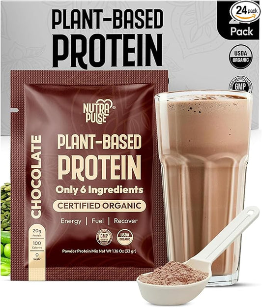 Organic Vegan Protein Powder Sample Pack – Chocolate Flavor – Plant-Based, Gluten-Free, Non-GMO, Dairy-Free – 20g Protein Per Serving – Ideal for Smoothies & Shakes – 24 Count