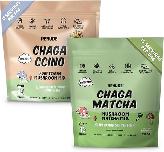 Renude Chaga Matcha and Chagaccino - Chaga Mushroom Powder for Coffee and Matcha, Mushroom Drink Mix with Adaptogens, Natural Energy and Immune Support, Vegan, Keto - 15 Servings Each