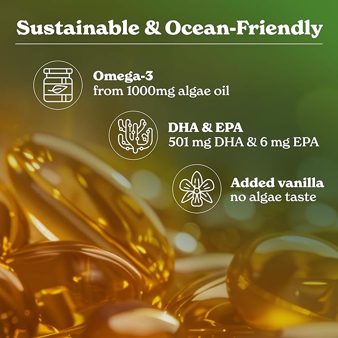 Vegan Omega-3 Softgel Capsules | Algae Oil (1000 mg) | 501 mg DHA | 6 mg EPA | Helps Promote Brain Health | 1-Month Dietary Supplement